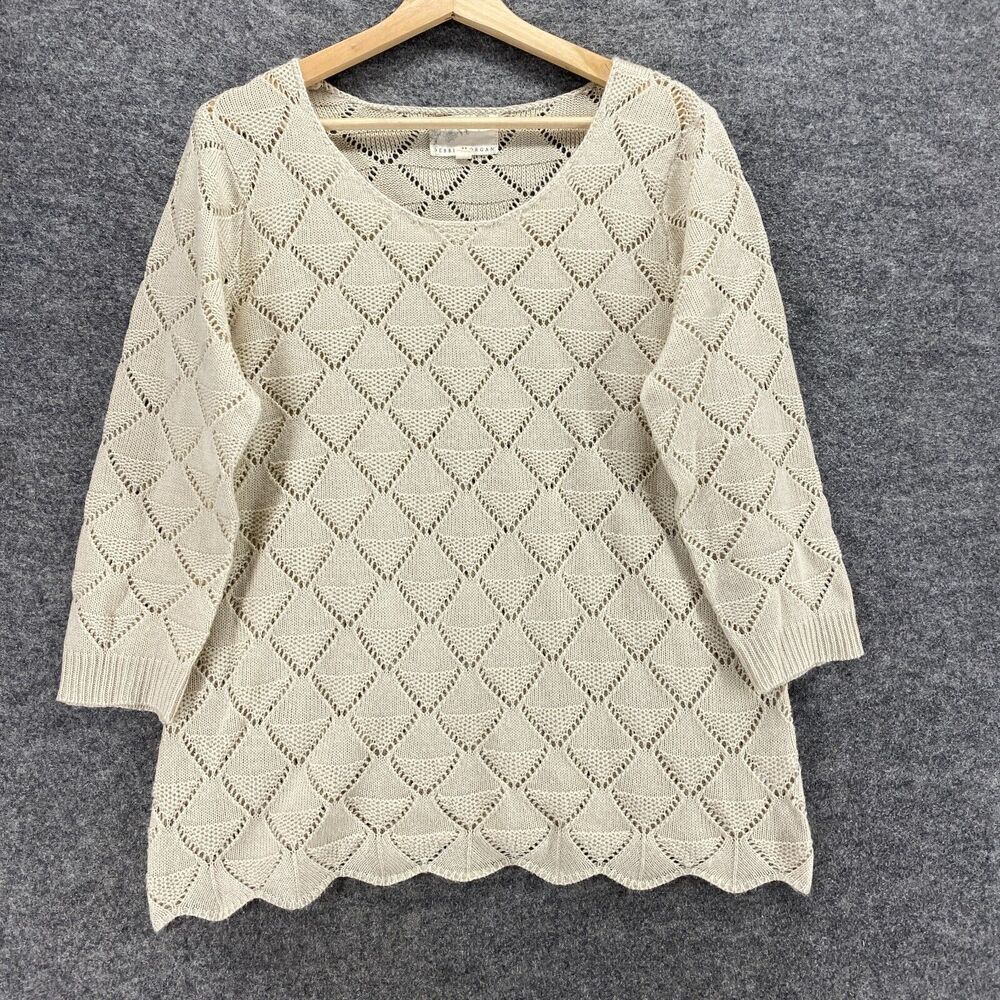Debbie Morgan Blouse Women L Large Beige Geometric Crochet 3/4 Sleeve Pullover
